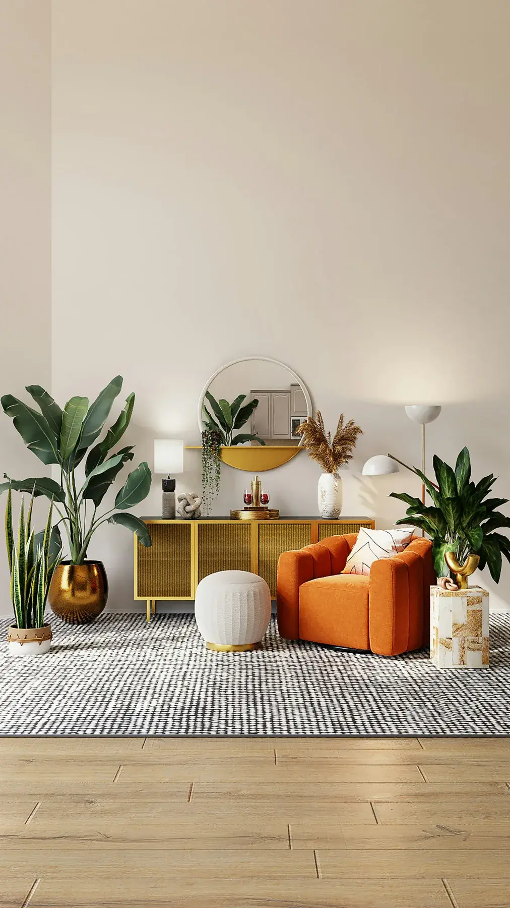 Living room with an orange lounge chair and a brass console