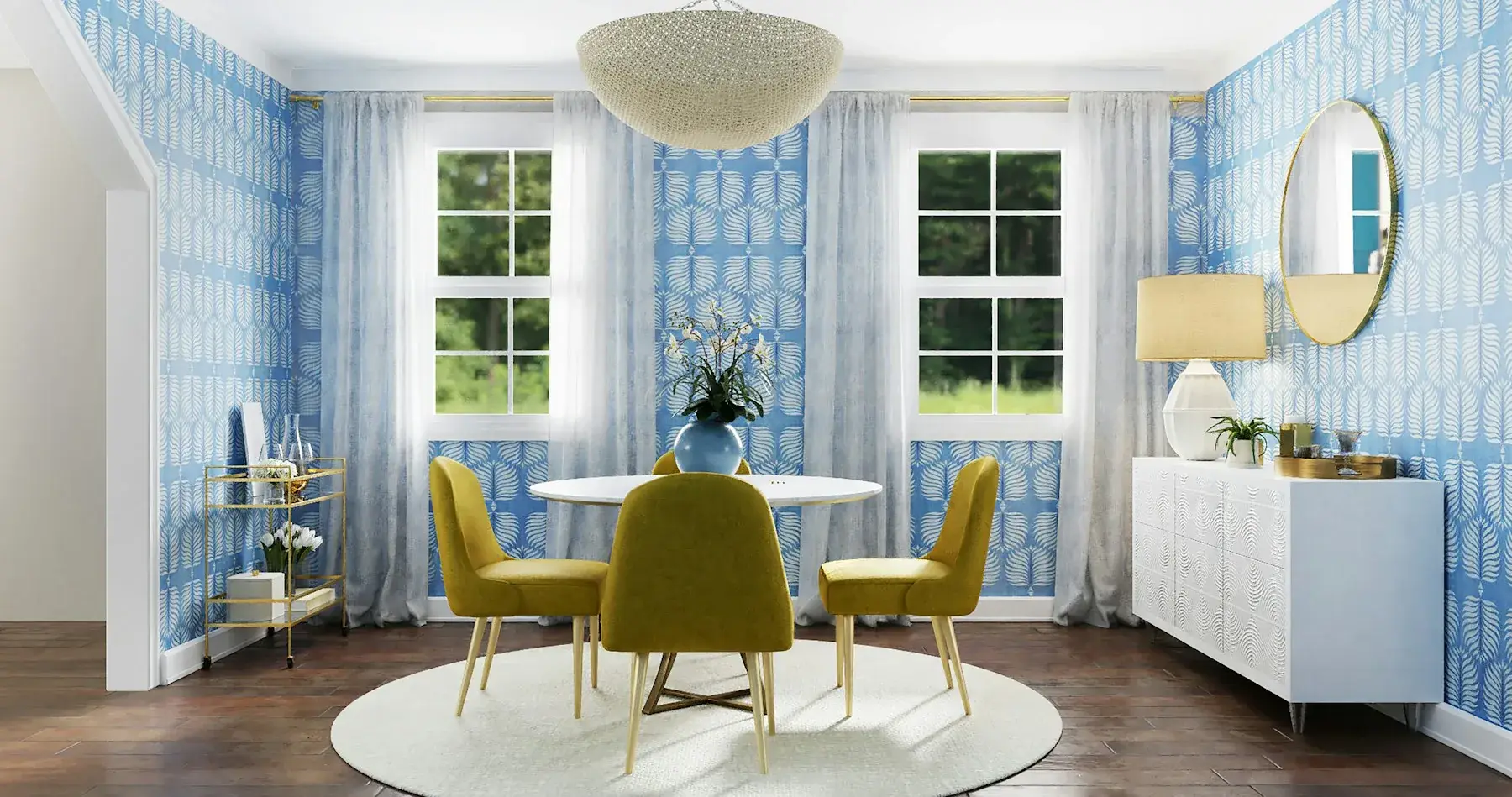 Round dining table with mustard chairs