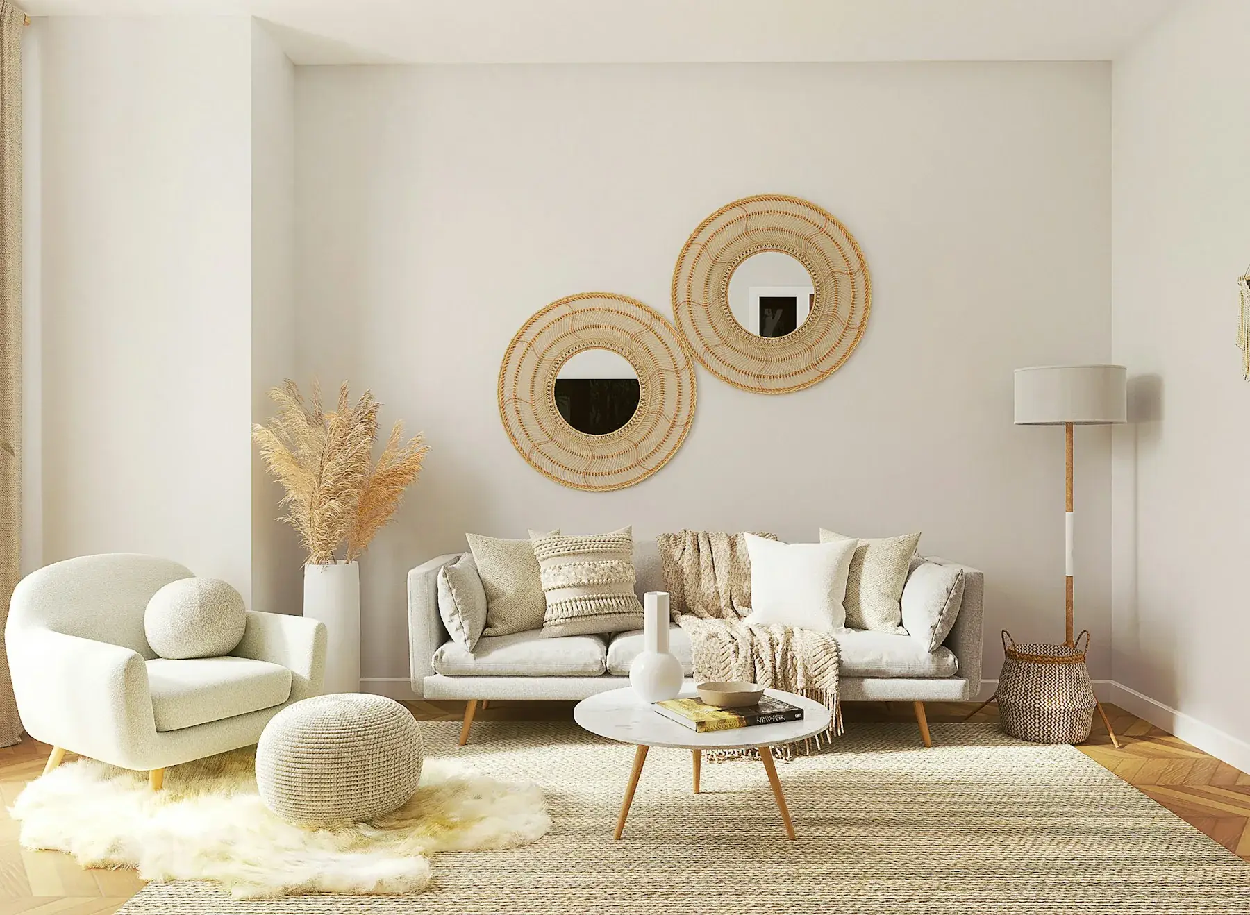 White living room with round mirrors